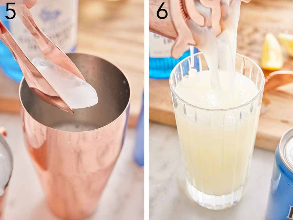 Set of two photos showing ice cubes added to a shaker and strained into a glass.