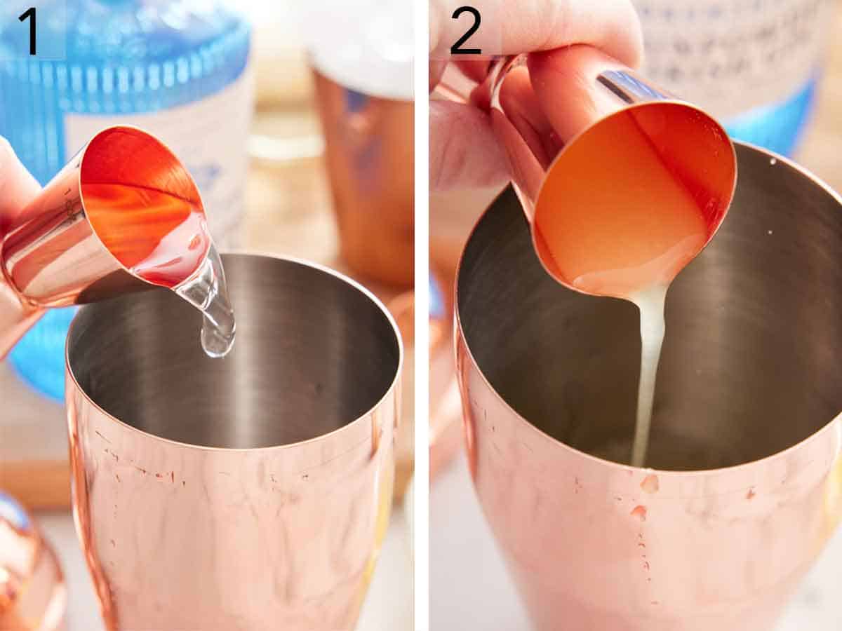 Set of two photos showing gin and lemon juice added to a shaker.