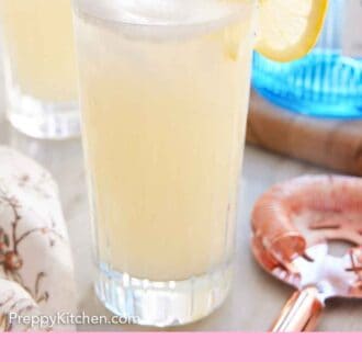 Pinterest graphic of a glass of Gin Fizz with a cocktail strainer and bottle of gin off to the side.