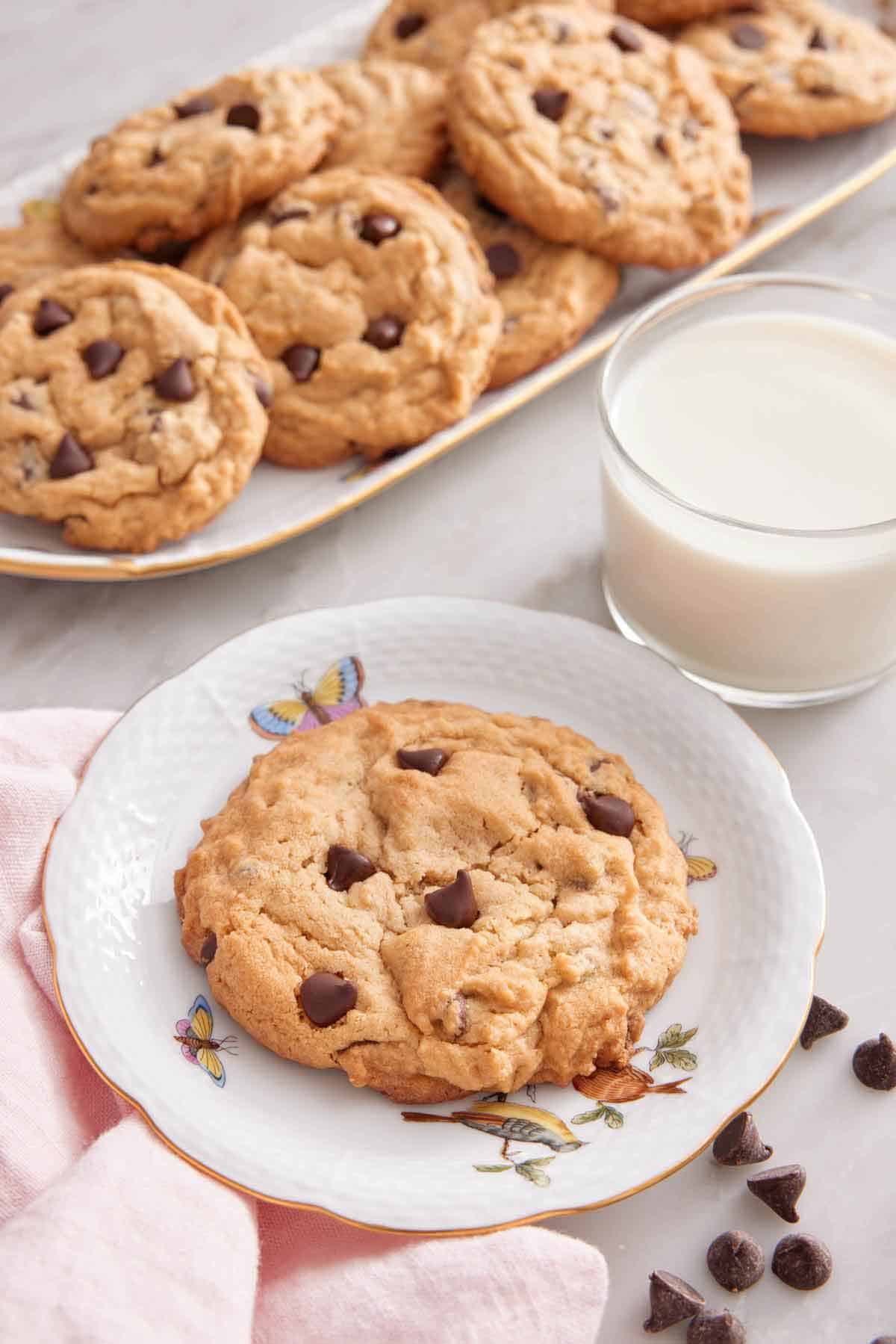 A plate with a peanut butter chocolate chip cookie with a platter of more cookies in the back along with a glass of milk.