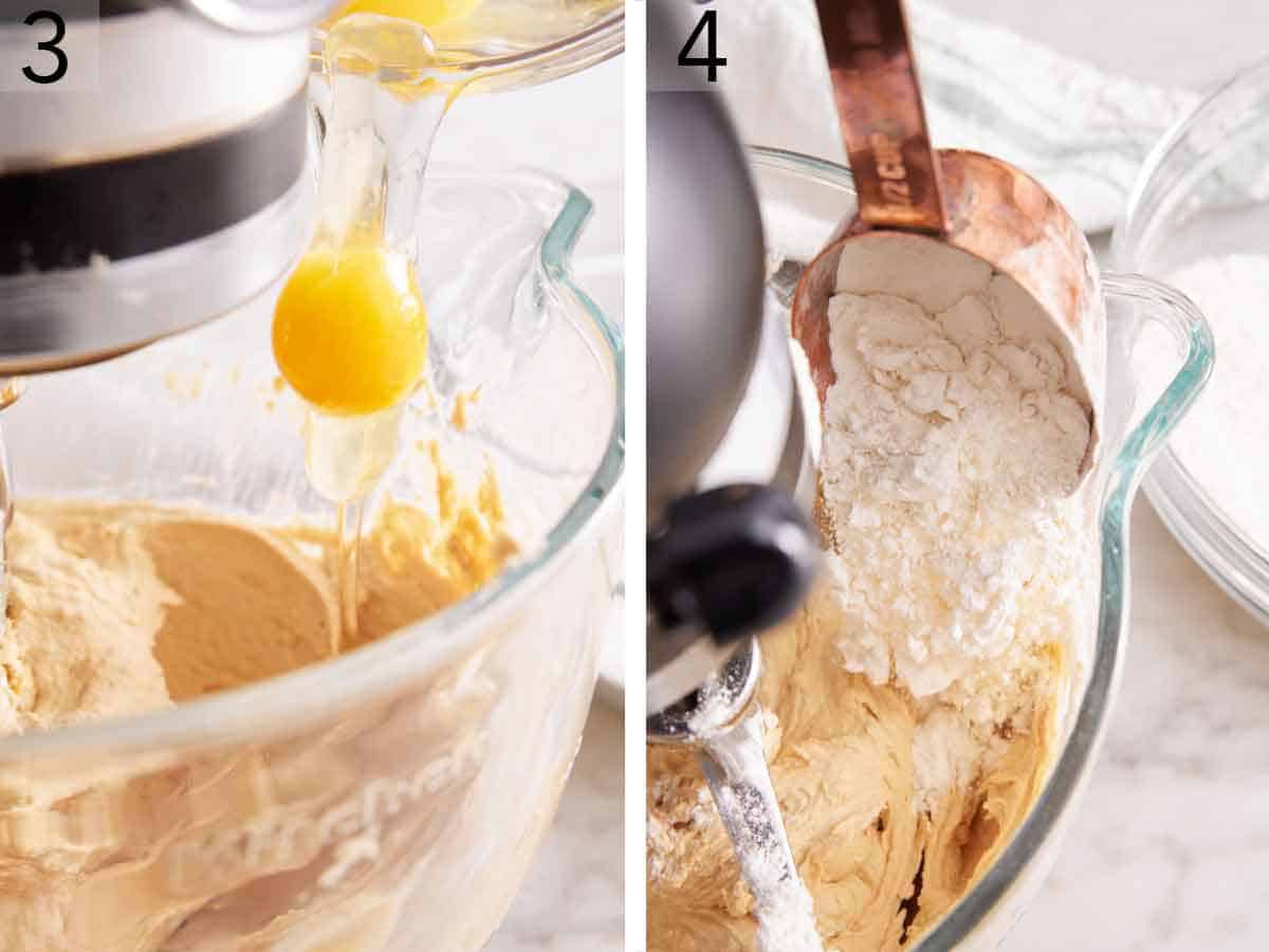 Set of two photos showing egg and flour added to a mixer.