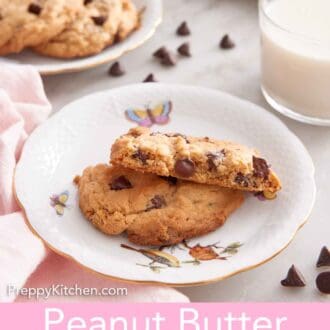 Pinterest graphic of a plate with a peanut butter chocolate chip cookie cut in half, showing the inside.