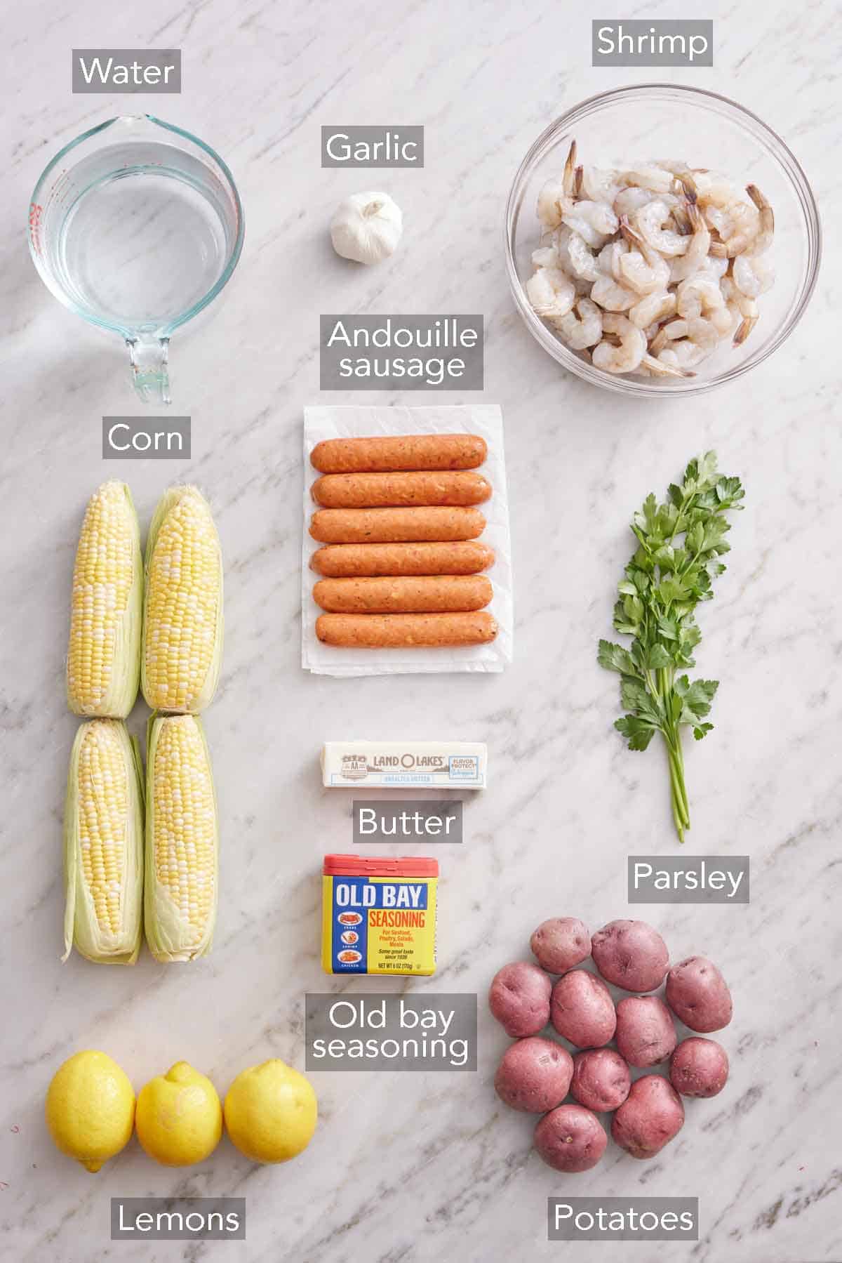 Ingredients needed to make shrimp boil.