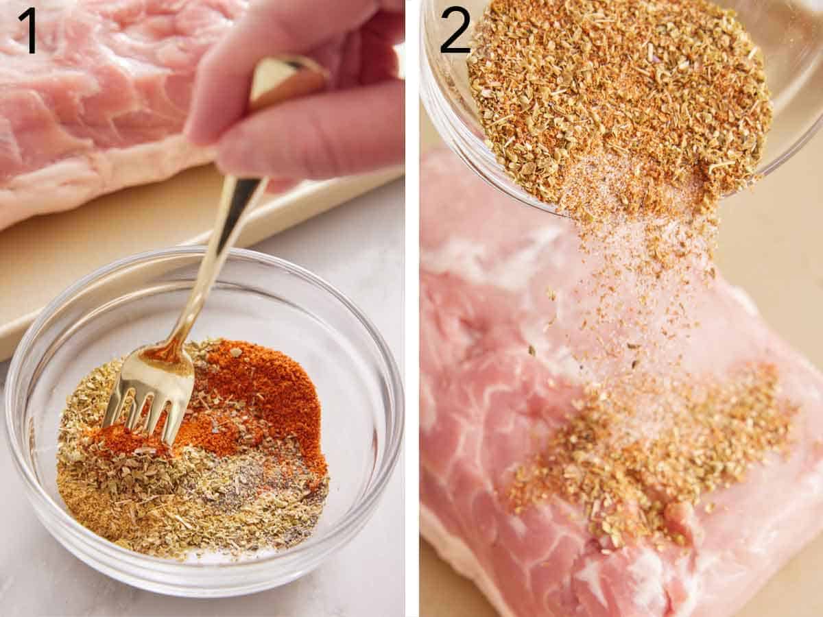 Set of two photos showing seasoning mix stirred together and poured over a piece of pork.