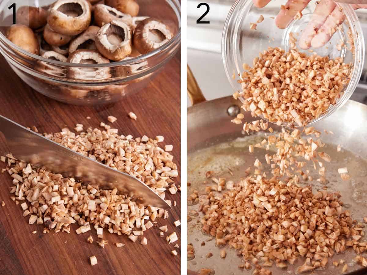 Set of two photos showing mushroom stems chopped and added to a skillet.