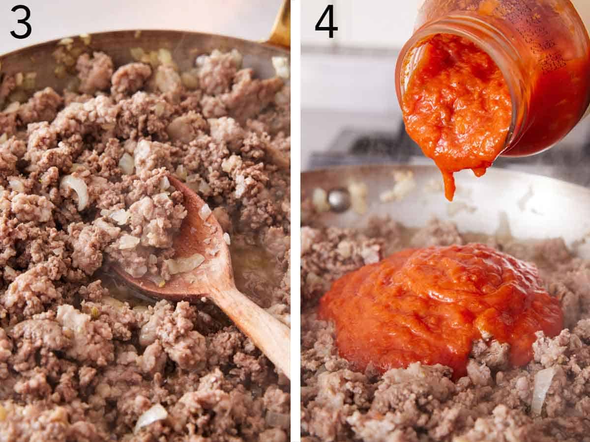 Set of two photos showing meat cooked in the skillet of onions and marinara sauce added.