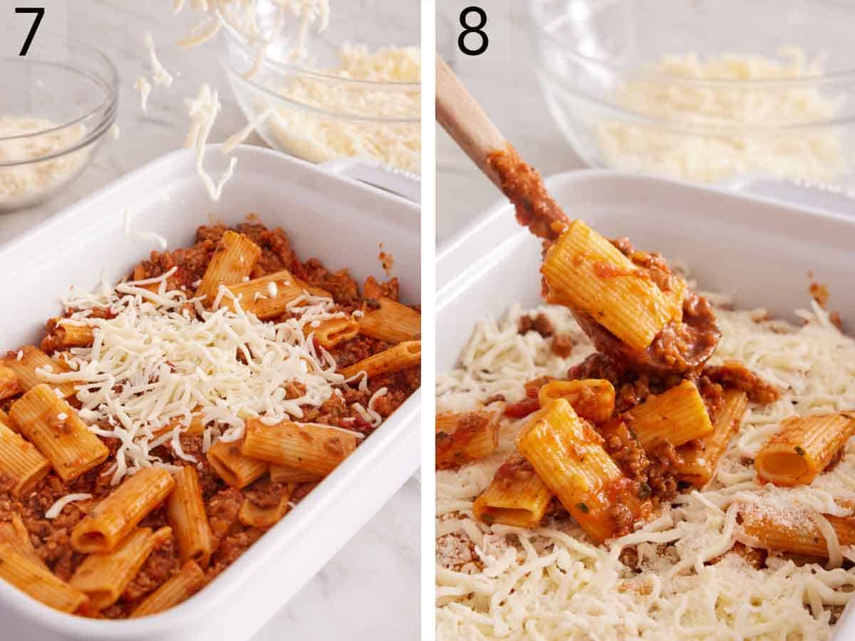 Set of two photos showing the pasta and sauce added to a baking dish and layered with shredded cheese.