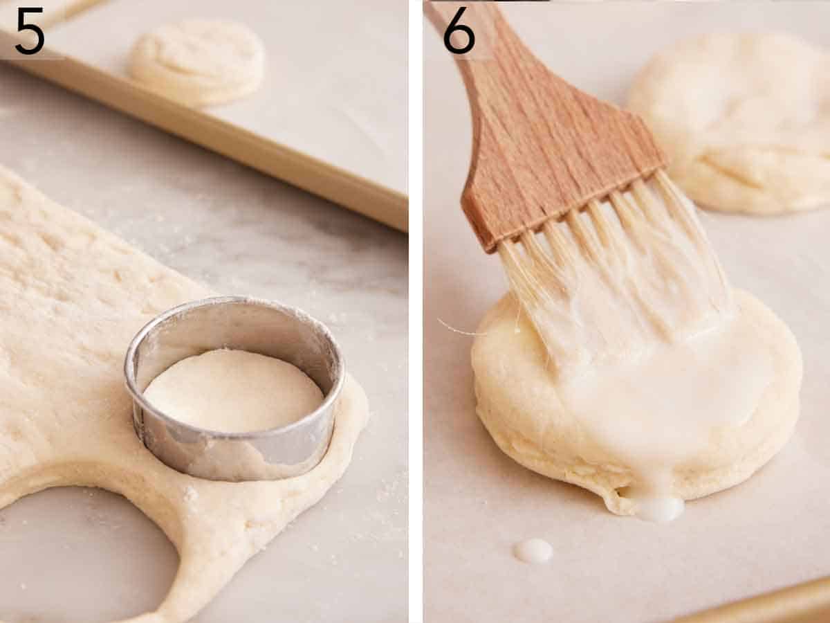 Set of two photos showing dough cut with a circle cutter and brushed with buttermilk.