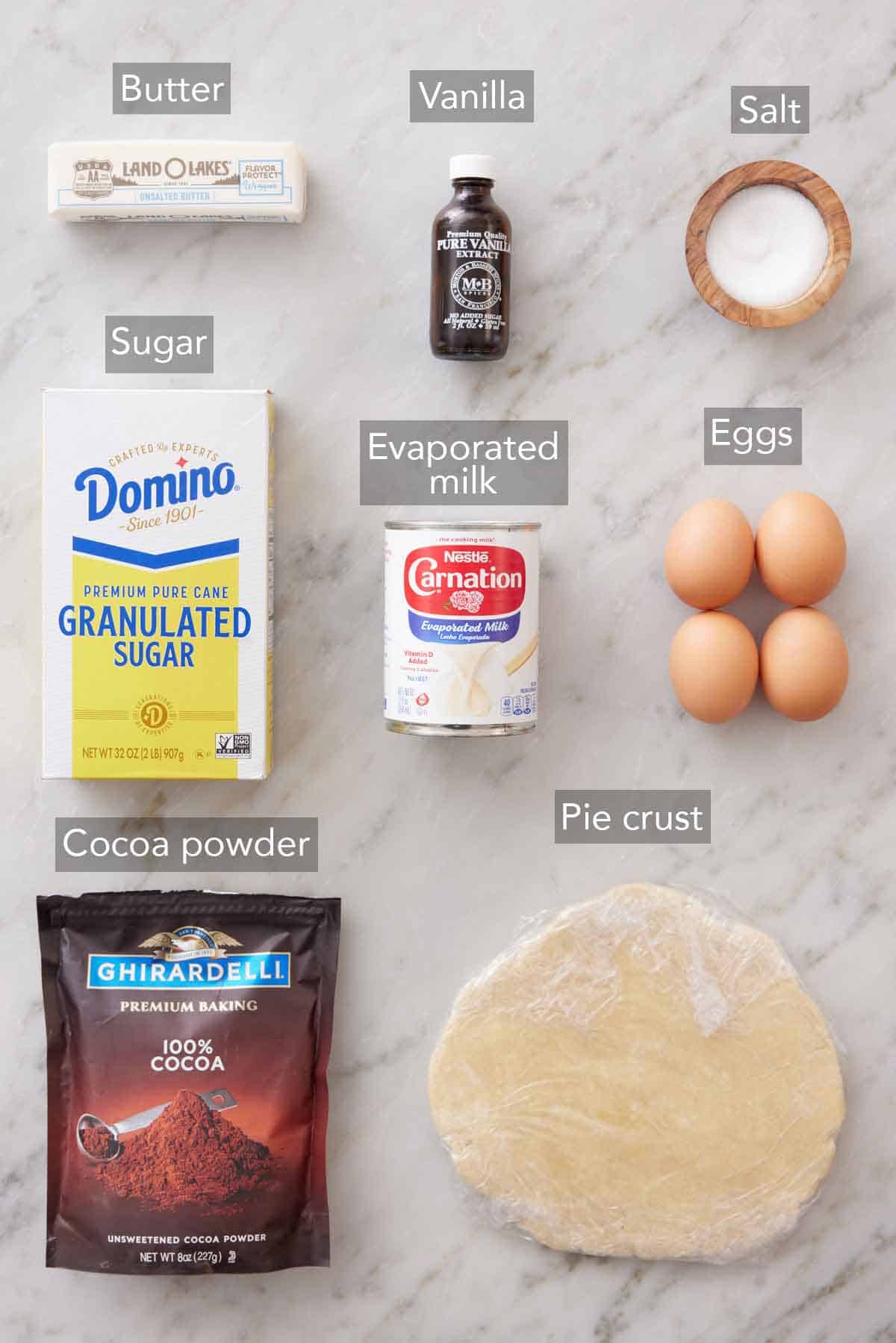 Ingredients needed to make a chocolate chess pie.
