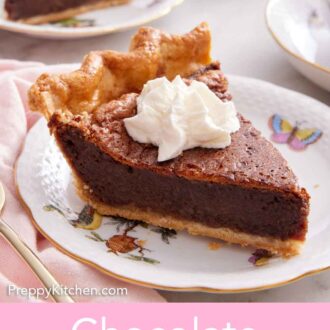 Pinterest graphic of a slice of chocolate chess pie with a dollop of whipped cream on top.