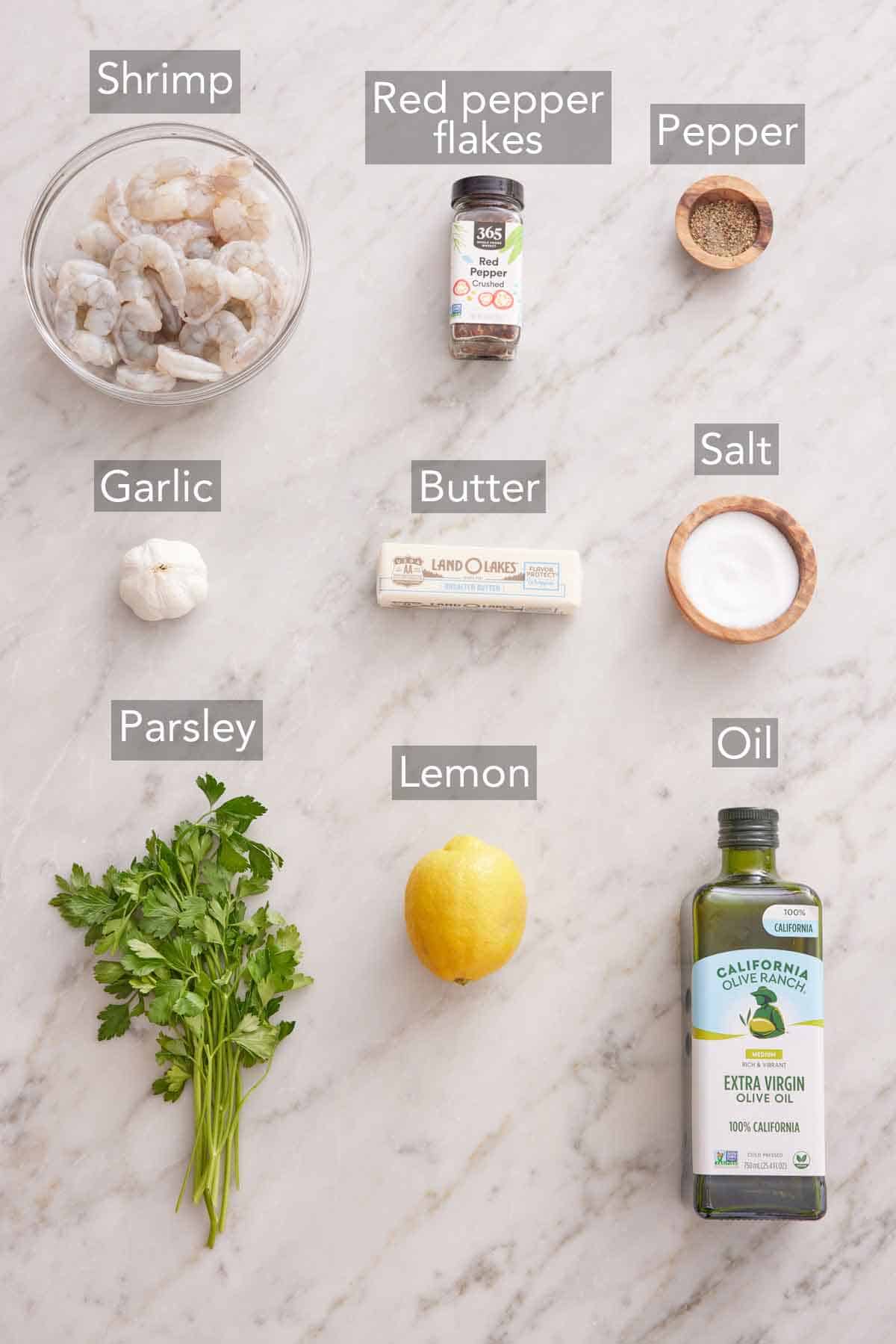Ingredients needed to make garlic shrimp.