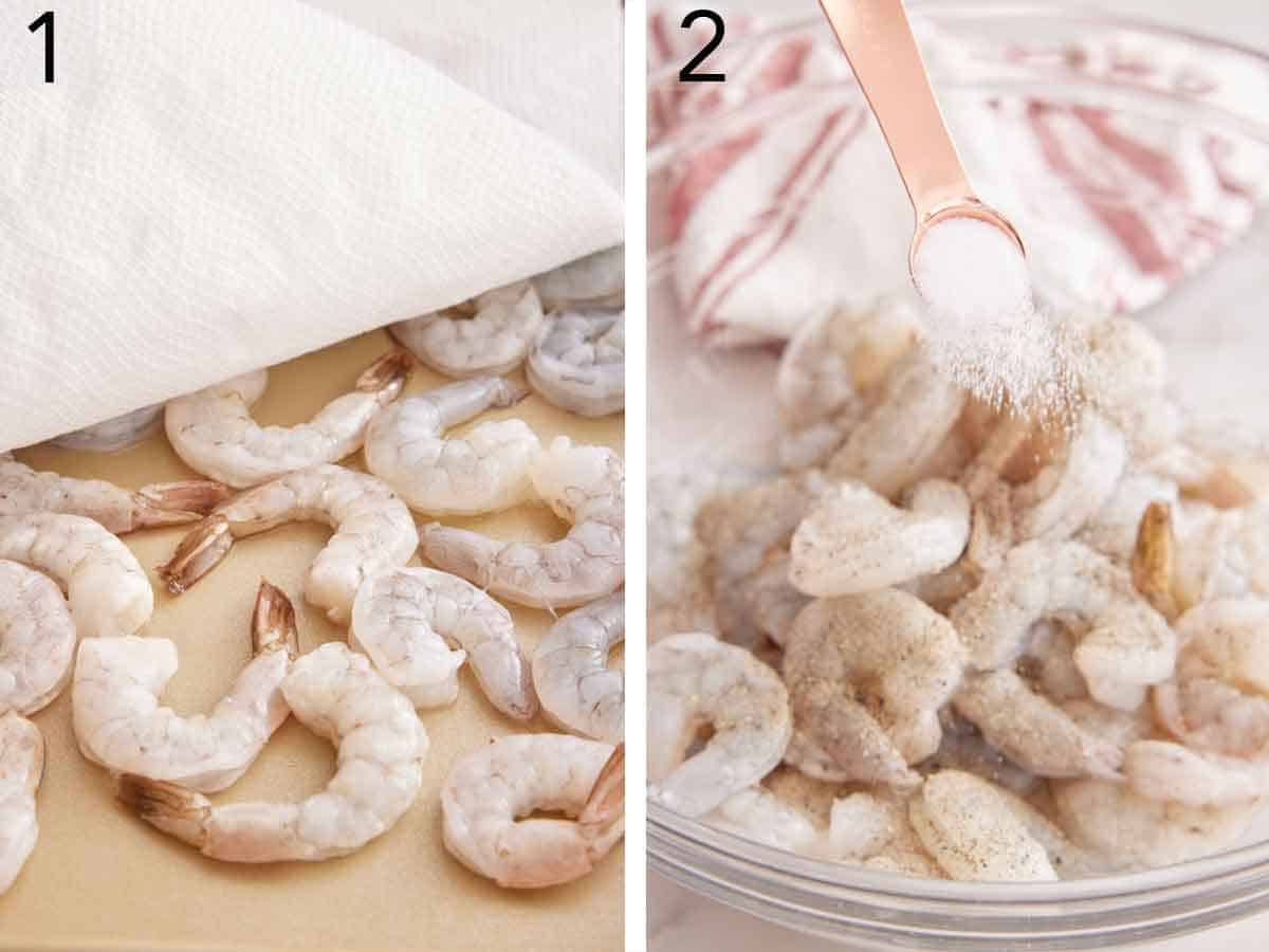 Set of two photos showing the shrimp patted dry with a paper towel and seasoned.