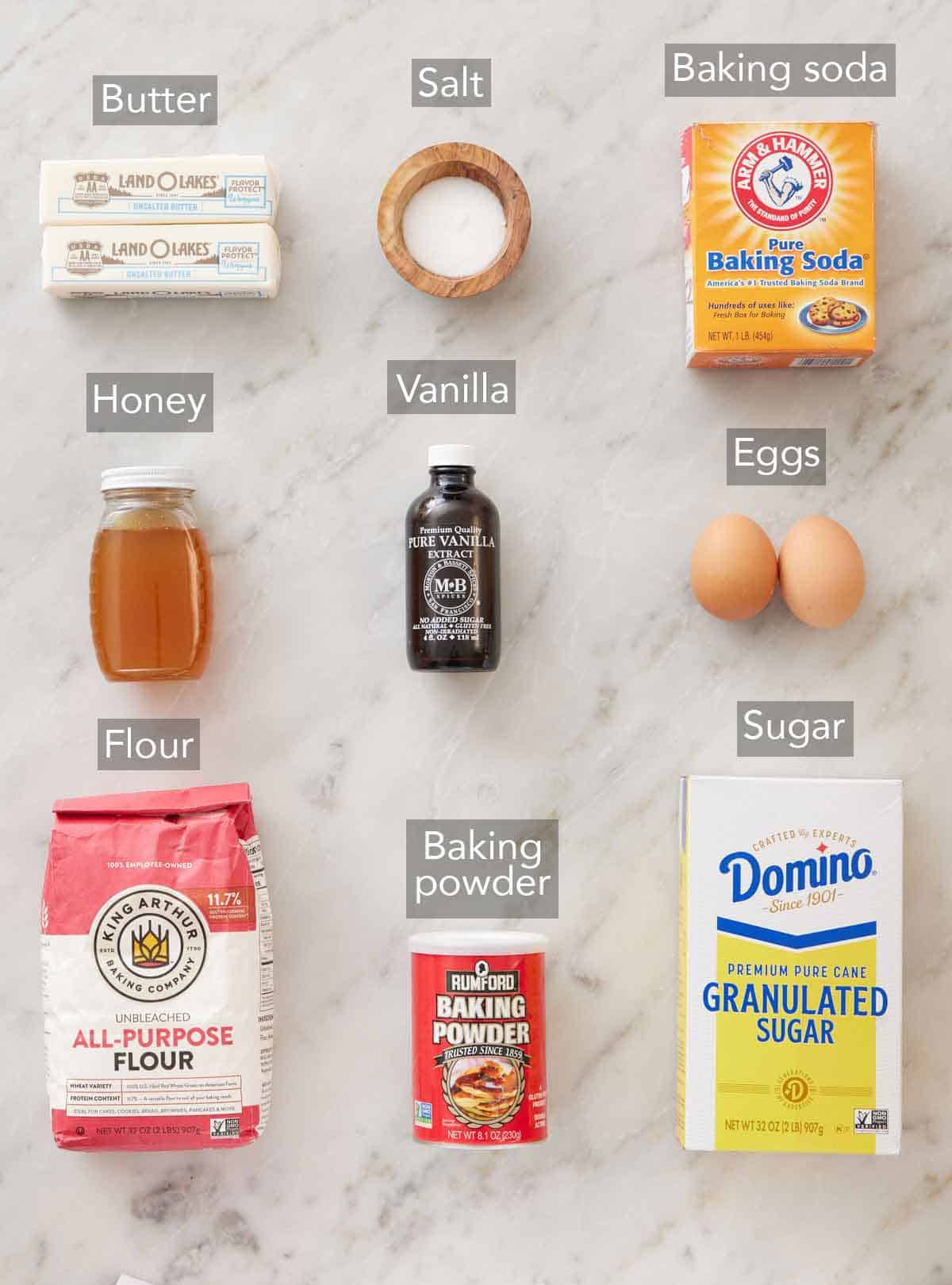 Ingredients needed to make honey cookies.
