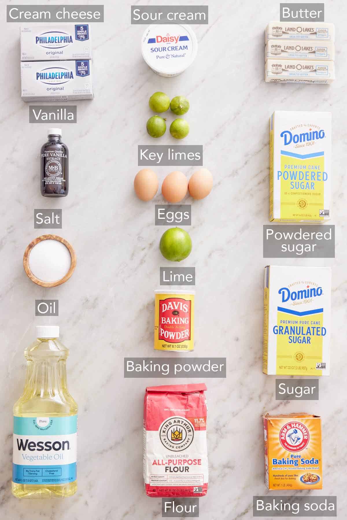 Ingredients needed to make key lime cake.