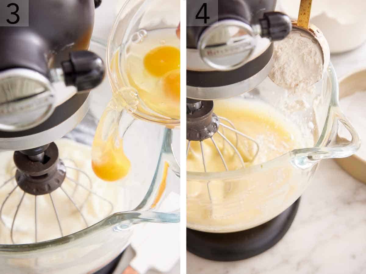Set of two photos showing egg and dry mixture added to the mixer.
