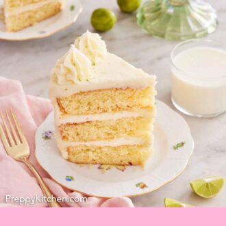 Pinterest graphic of a slice of key lime cake with a fork, glass of milk, and a second slice of cake around it.
