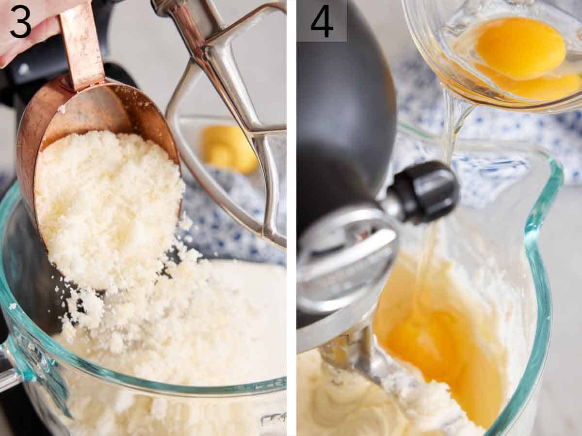 Set of two photos showing the sugar mixture and eggs added to a mixer.