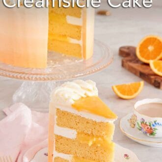 Pinterest graphic of a slice of orange creamsicle cake with a cake stand with the rest of the cake in the background along with sliced oranges and a cup of coffee.