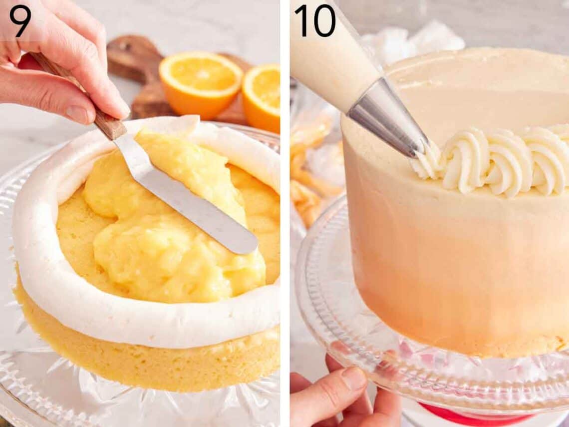 Set of two photos showing orange curd spread onto the cake and frosting piped on top.