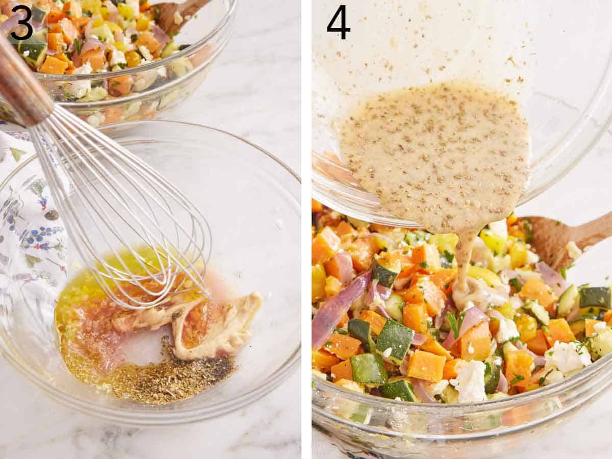 Set of two photos showing dressing whisked in a bowl and poured over the veggies.
