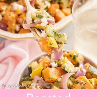 Pinterest graphic of a fork lifting out a bite of roasted vegetable salad from a bowl.