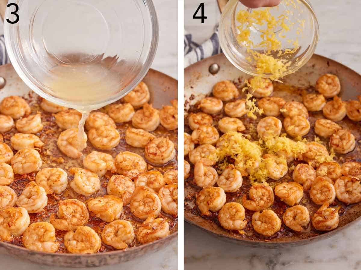 Set of two photos showing lemon juice and zest added to the skillet.