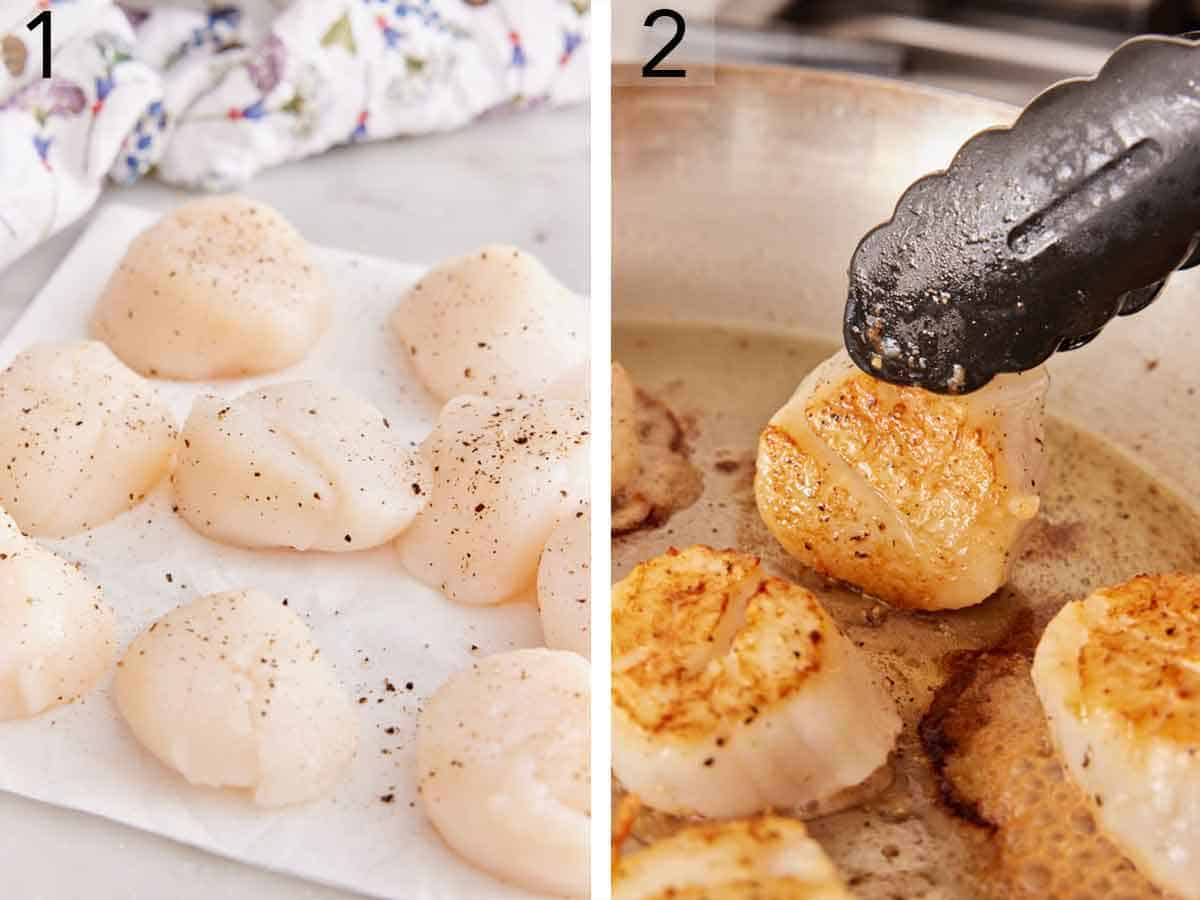 Set of two photos showing scallops seasoned and seared in a hot pan.