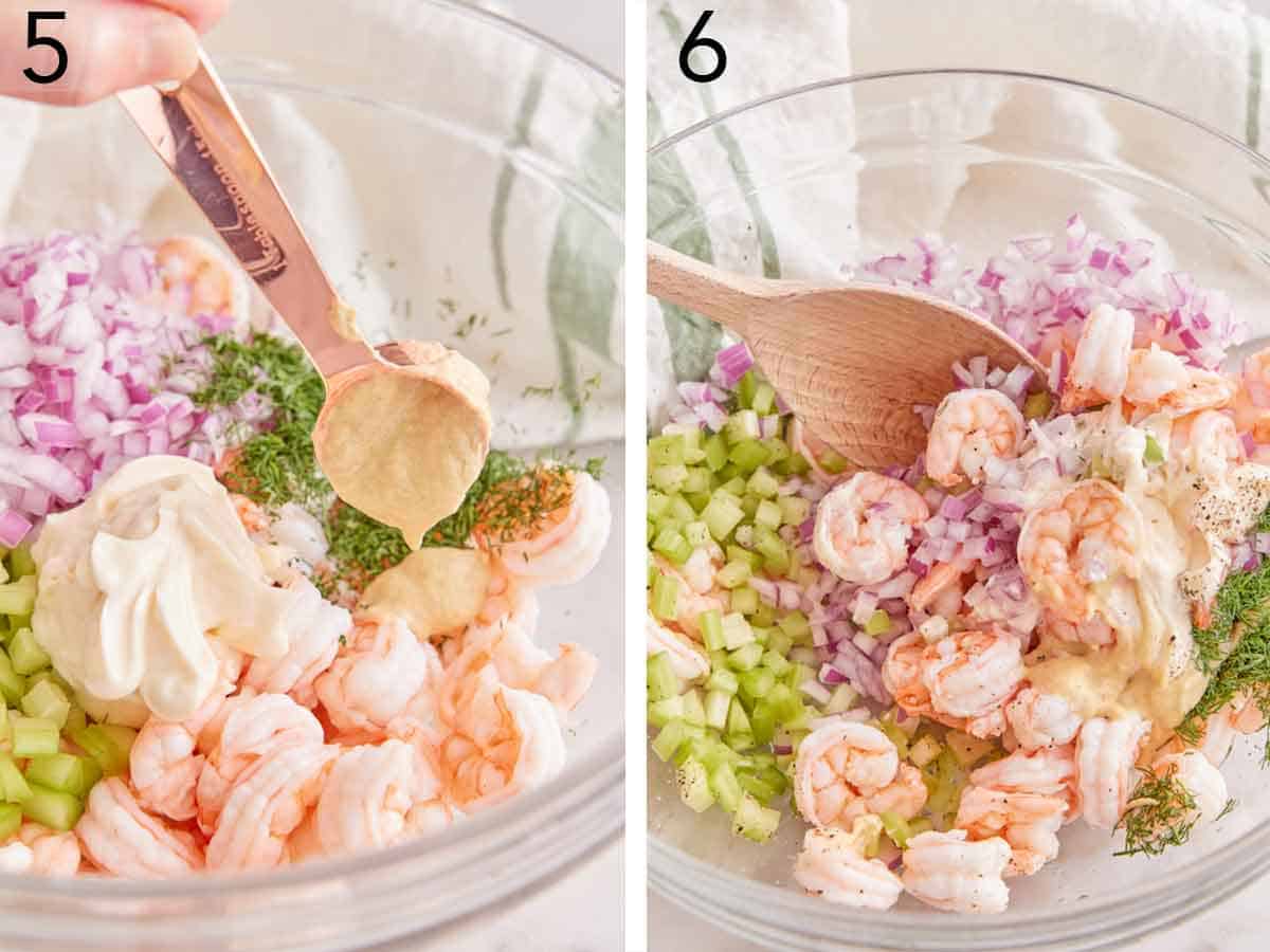 Set of two photos showing Dijon mustard added to the ingredients in a bowl and mixed.