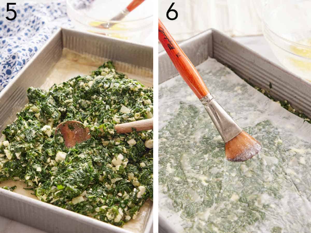 Set of two photos showing filling added to phyllo sheets and layered.