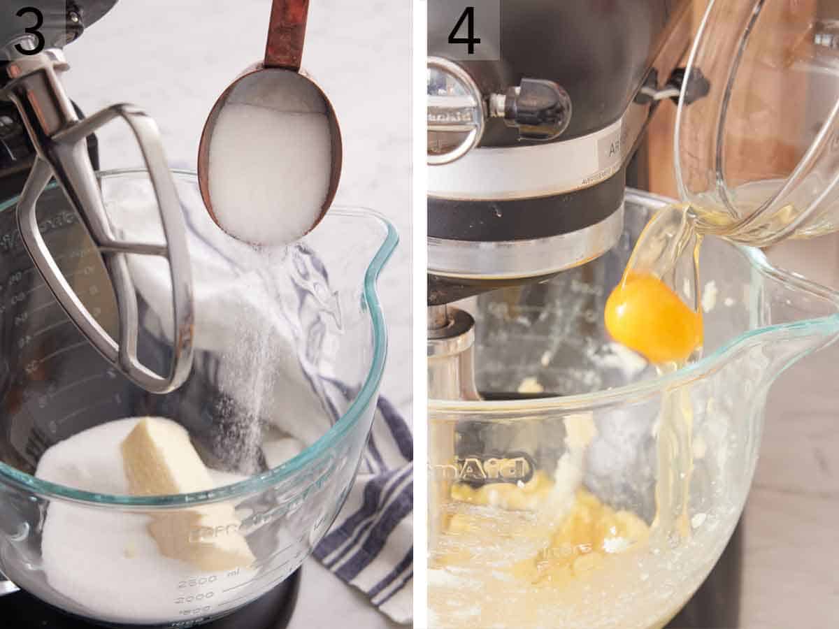 Set of two photos showing sugar added to a mixer with butter and then an egg added.