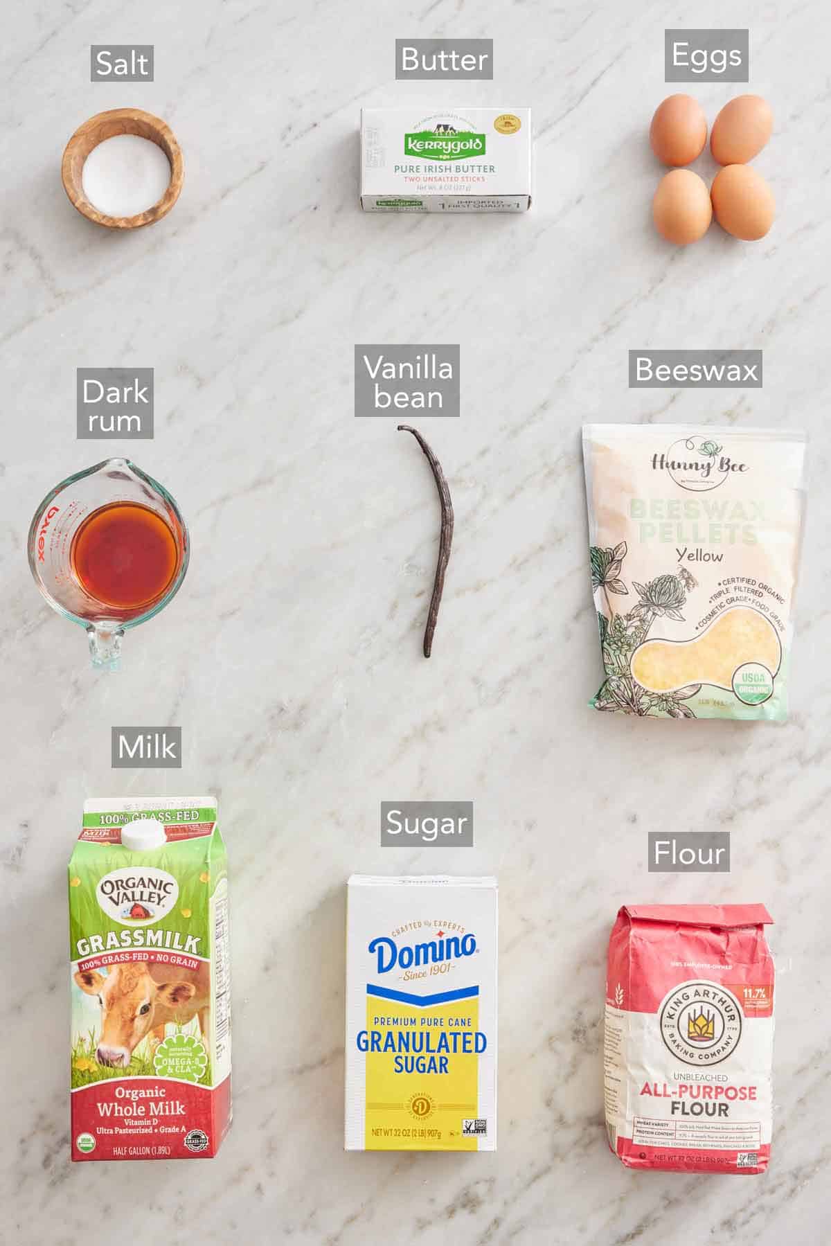 Ingredients needed to make canelés.