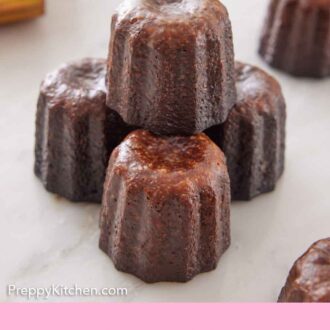 Pinterest graphic of a canelé stacked on top of three canelés.