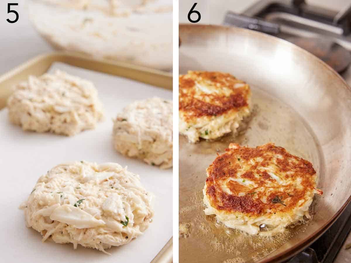 Set of two photos showing the crab cakes formed and pan fried.