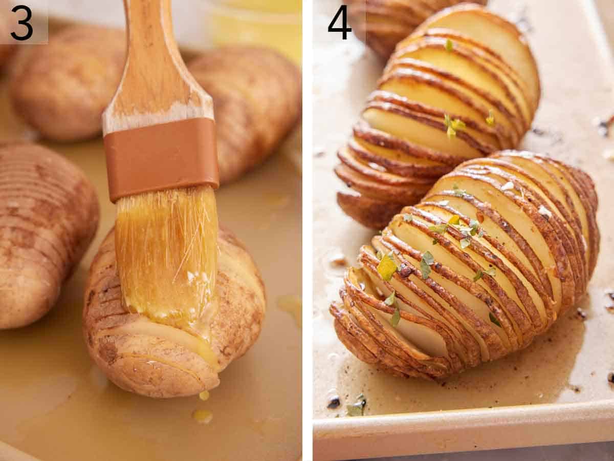 Set of two photos showing oil mixture brushed onto the cut potatoes and baked.