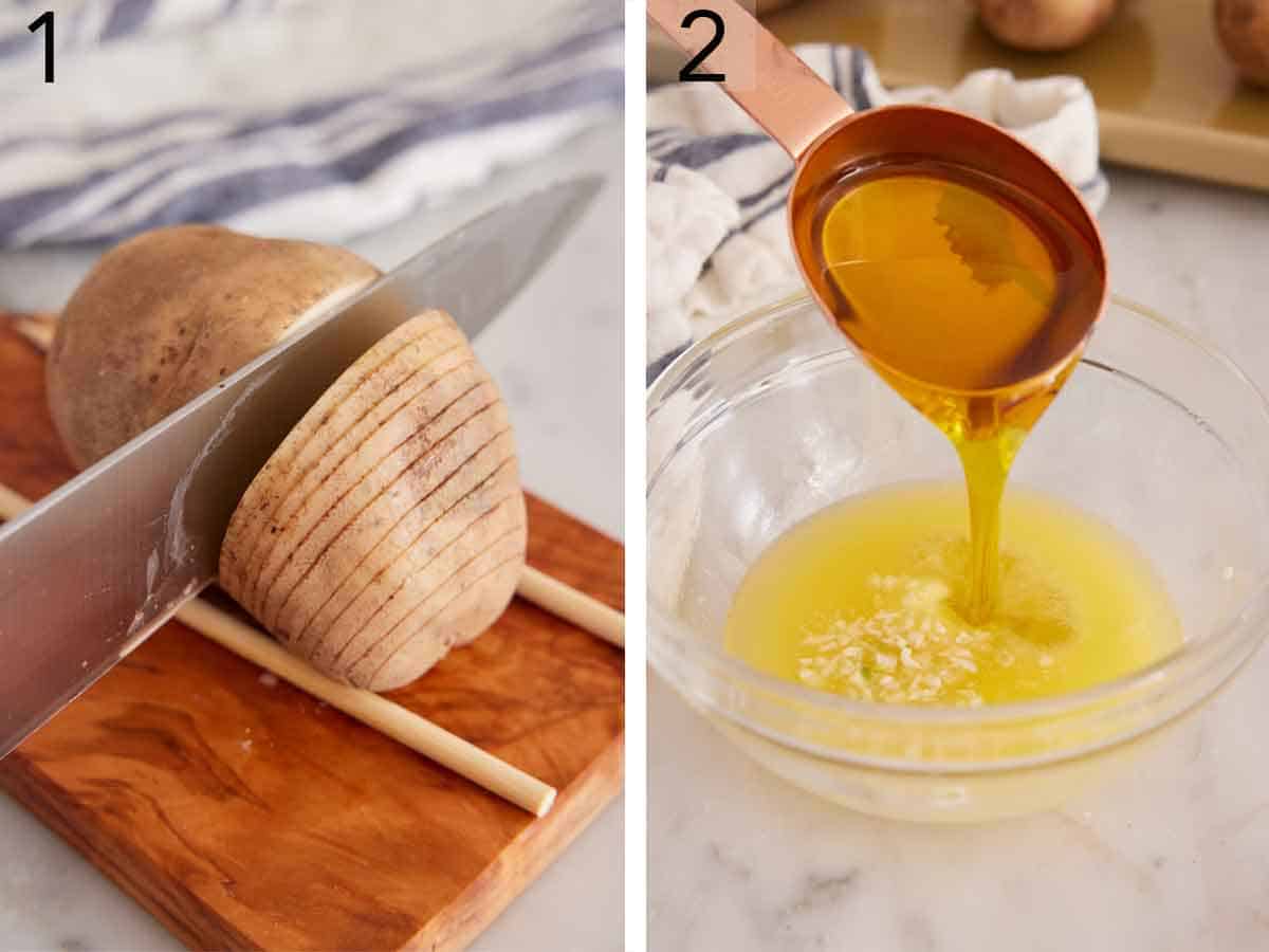 Set of two photos showing potatoes cut and oil added to a bowl of butter.