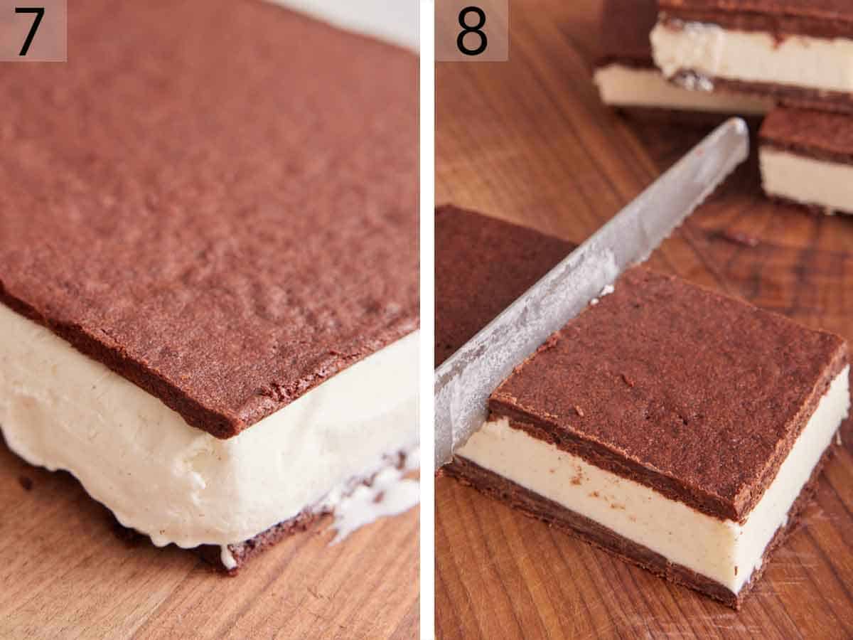 Set of two photos showing an ice cream sandwich slab assembled and then cut.