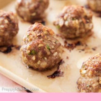 Pinterest graphic of a sheet pan with baked meatballs.
