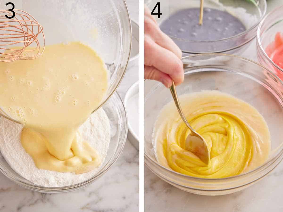 Set of two photos showing the wet ingredients poured into the bowl of dry ingredients and food coloring added to bowls of batter.