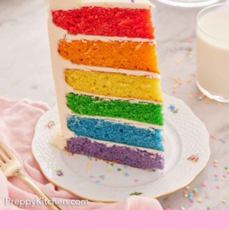 Pinterest graphic of a slice of rainbow cake on a plate with rainbow sprinkles on top and scattered around.
