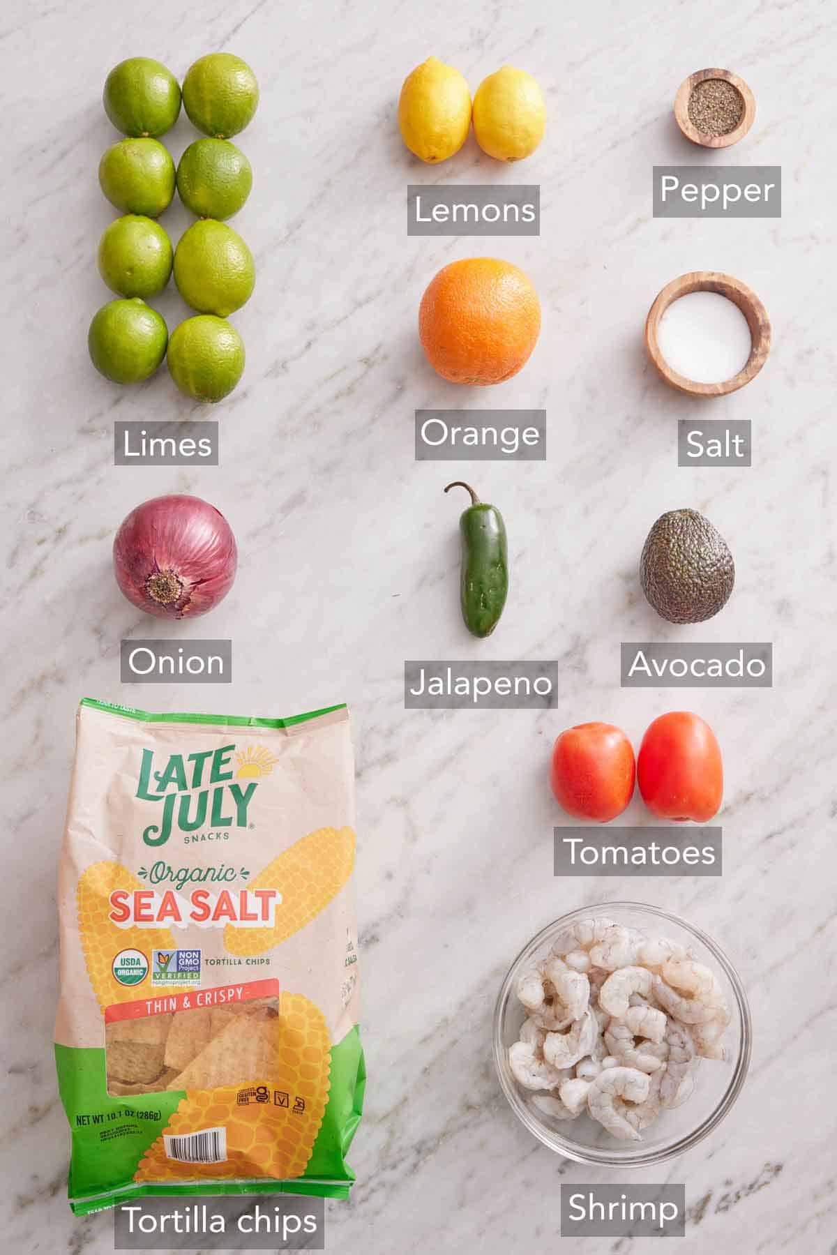 Ingredients needed to make shrimp ceviche.