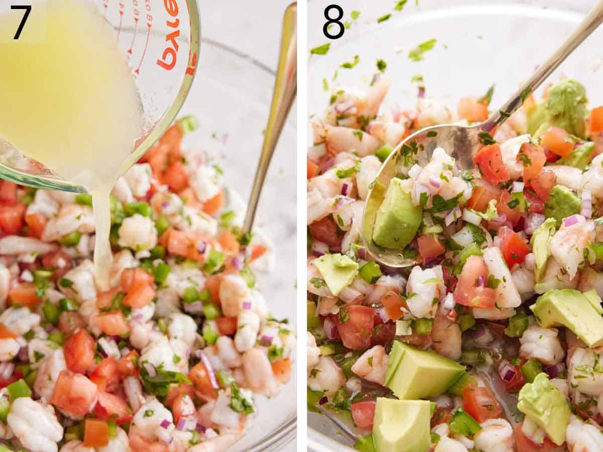 Set of two photos showing juice and avocado added to the dish and stirred together.