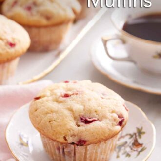 Pinterest graphic of a strawberry muffin on a small plate with a cup of coffee and more muffins on a platter in the background.
