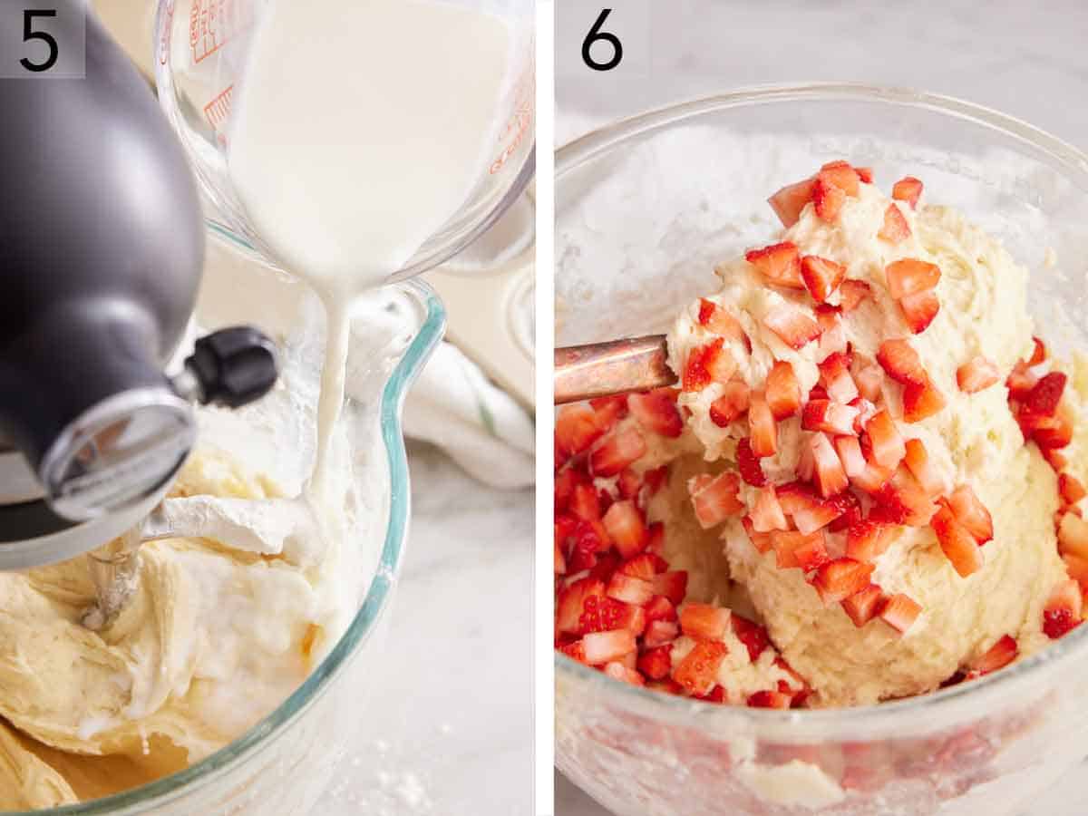 Set of two photos showing milk added to a mixer and then strawberries folded into the batter.