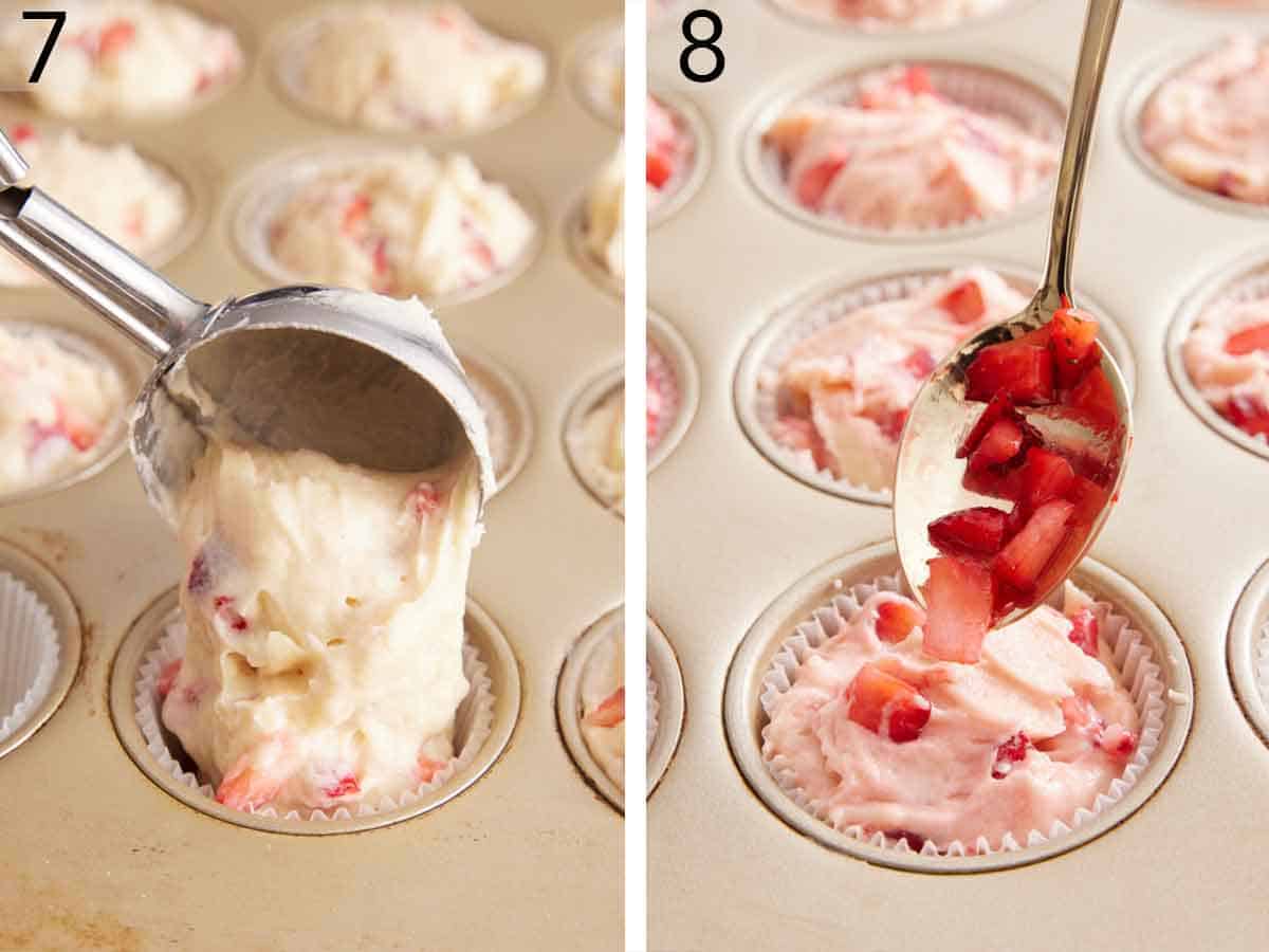 Set of two photos showing batter scooped into a muffin tin and more strawberries added on top.