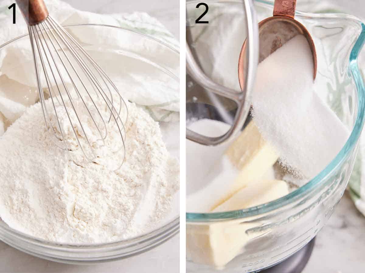 Set of two photos showing dry ingredients whisked and sugar added to a mixer bowl with butter.
