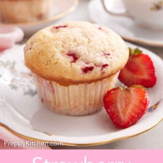 Pinterest graphic of a plate with a strawberry muffin with a cut strawberry with a cup of coffee and second muffin in the background.