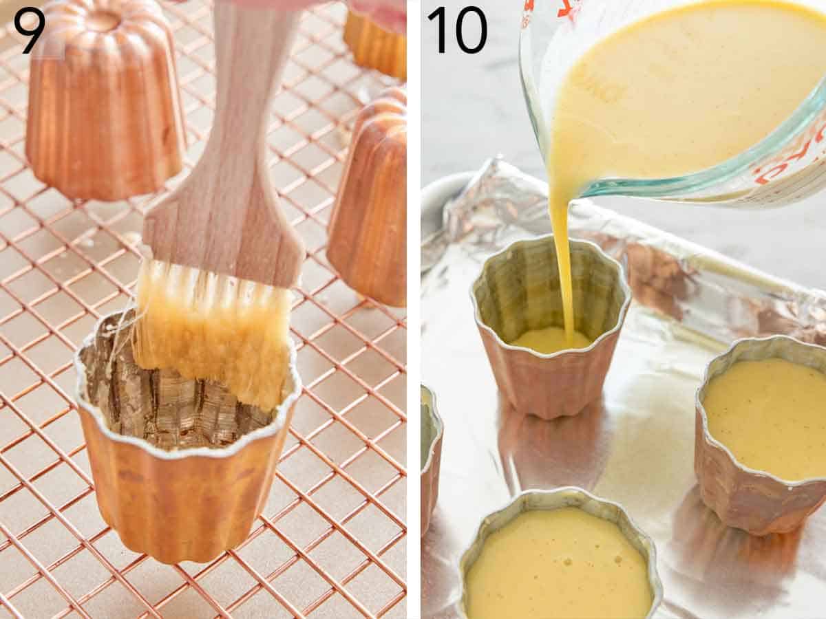 Set of two photos showing molds brushed with the beeswax mixture and batter poured inside.