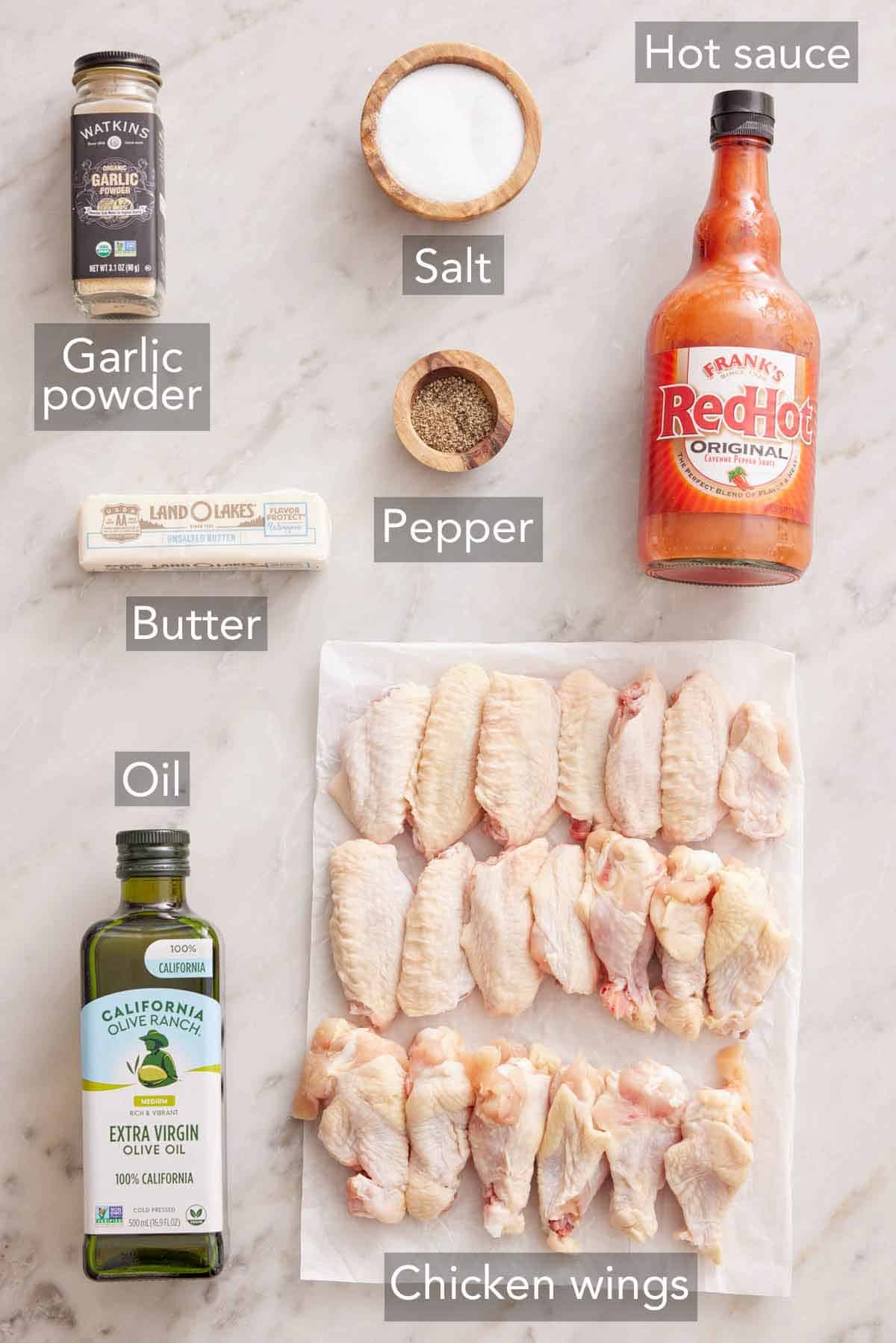Ingredients needed to make air fryer chicken wings.