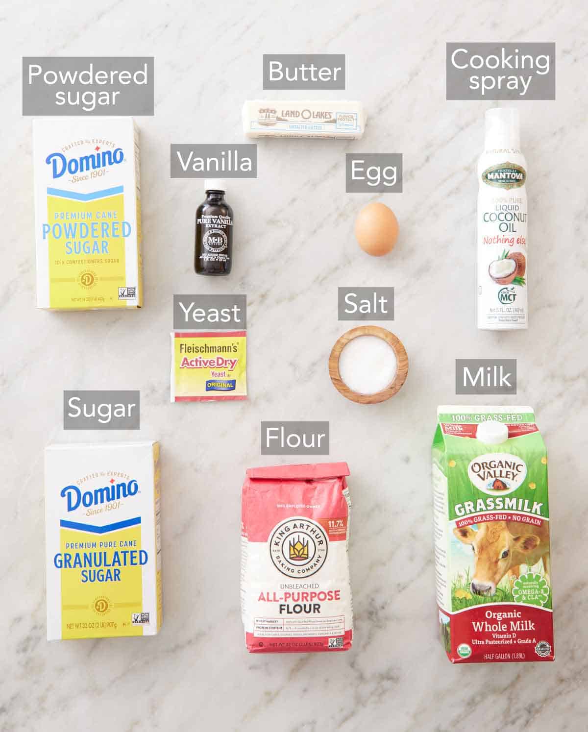 Ingredients needed to make air fryer donuts.