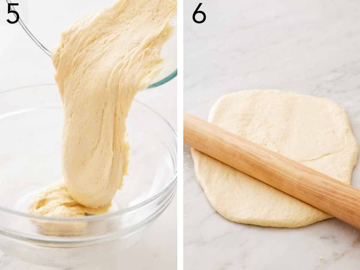 Set of two photos showing dough transferred to a clean bowl and then rolled out.